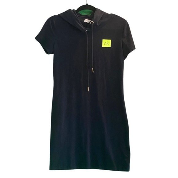 Calvin Klein Short Sleeve Hoodie Navy Blue Cotton Knit Logo T-Shirt Dress Size S - Picture 4 of 6